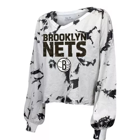 Majestic Women's White Black Brooklyn  Tie-Dye Crop V-Neck Long Sleeve T-shirt - Picture 5 of 7
